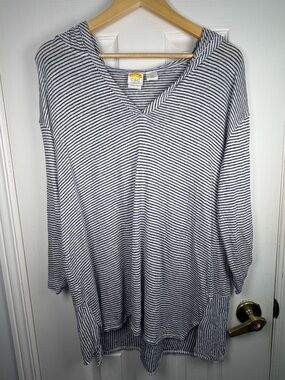 C&C California Linen Hoodie 1X Navy White Striped V-Neck Pullover Coastal Boho
